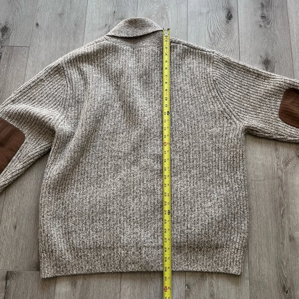 Orvis Men's Cardigan in Oatmeal with Brown Elbow Patches - Picture 2 of 4